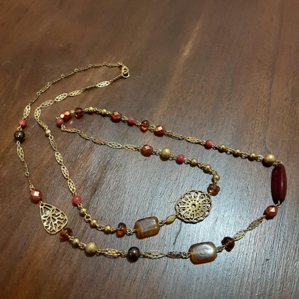 AVON Vintage Long filigree earthtone beaded necklace 20"